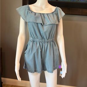 Express Chambray Denim Off Shoulder Romper XS Ruffle Cutout